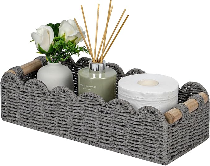CubesLand Scalloped Edge Toilet Paper Storage Basket, Living Room Home Cozy Decor Basket, Paper Rope Small Baskets for Over Toilet Storage Shelf, Shelves, with 2 Wooden Handles, Grey