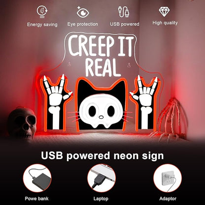 Lucunstar Creep It Real Neon Sign Halloween Led Sign For Wall Decor Scary Led Light For Halloween Decor Spooky Theme Party USB Powered 15.75x12.60in