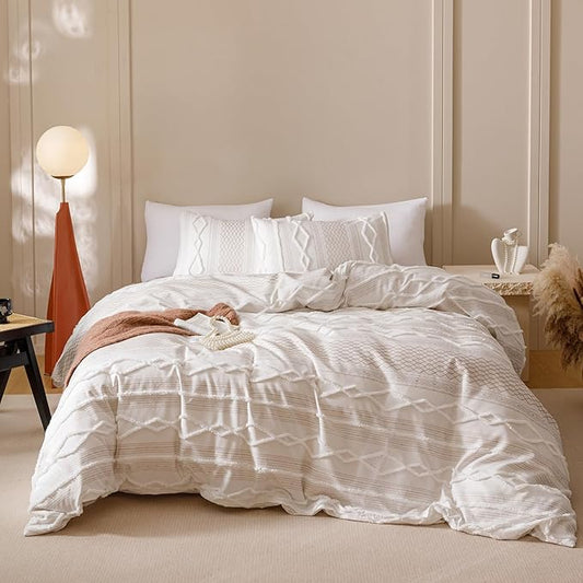 CLOTHKNOW Boho White Comforter Set California King 3Pcs Farmhouse Bedding Comforter Sets Clipped Jacquard Stripes Comforter White Khaki Comforter
