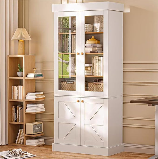 Vyre 71" Tall Farmhouse Bookshelves with Glass Doors, Large Modular Bookcase with Adjustable Shelves, Storage Cabinet for Living Room, Kitchen, Home Office, White