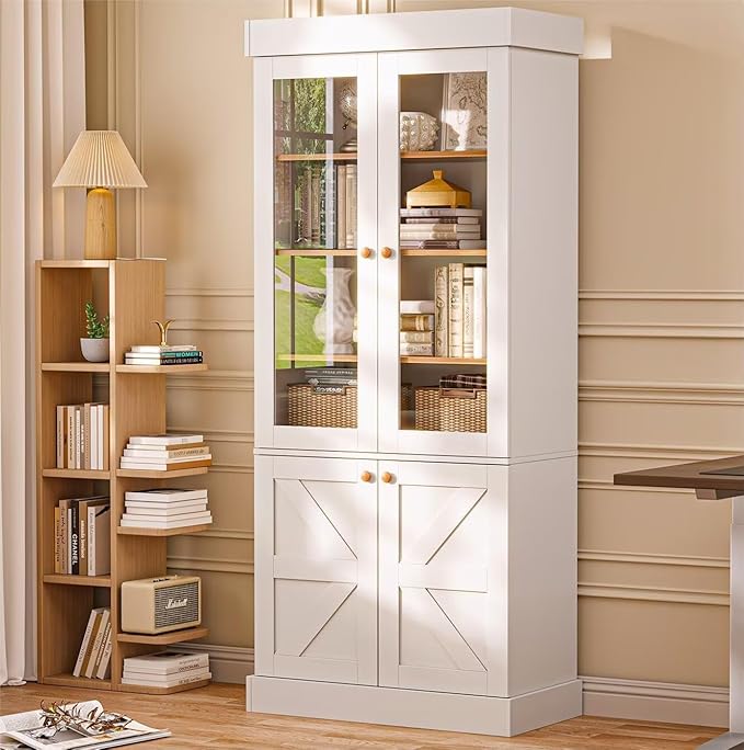 Vyre 71" Tall Farmhouse Bookshelves with Glass Doors, Set of 2 – Large Modular Bookcase with Adjustable Shelves, Storage Cabinet for Living Room, Kitchen, Home Office, White