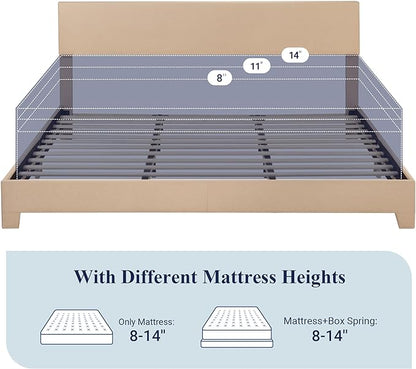 Allewie King Size Bed Frame with Adjustable Headboard, Upholstered Platform Bed with Wood Slats, Heavy Duty Mattress Foundation, No Box Spring Needed, Noise-Free, Easy Assembly, Beige