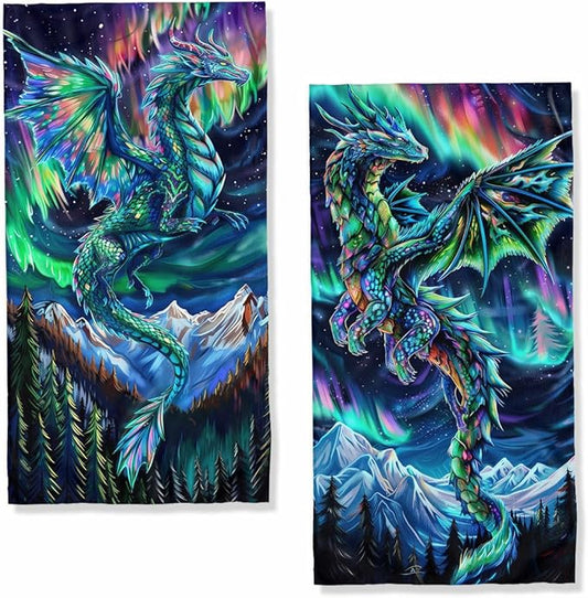Dragon Kitchen Towels Set of 2 Fantasy Night Sky Mountain Northern Lights Dish Towels Holiday Tabletop Decor Dragon