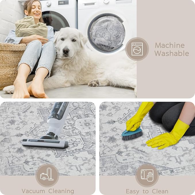 Area Rugs 5x7 Washable Area Rugs for Living Room- Ultra Soft Non-Shedding Faux Wool Bedroom Rug Grey Vintage Print Rugs Non Slip Dining Room Rugs Large Floor Carpet for Farmhouse Home Office