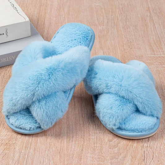 Women's Slipper Memory Foam Cross Band Fuzzy Slippers Open Toe Cozy House Slippers Cozy Plush Bedroom Indoor Outdoor