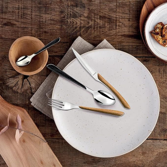 Amefa Natural Wood Handle Silverware Set - 24-Piece, Brown & Casual - Faux Wood Handle Flatware Service for 6 in Polished 18/0 Stainless Steel - Dishwasher Safe & Rust Resistant