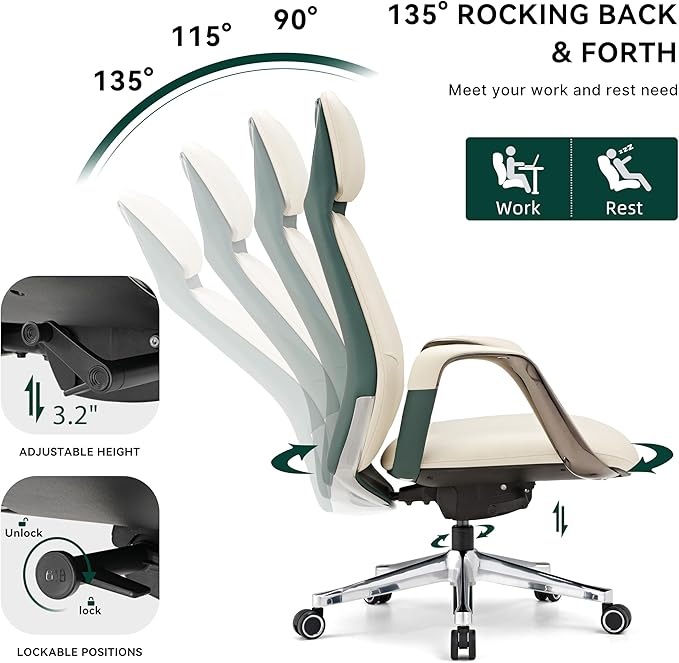 EUREKA ERGONOMIC Comfortable Office Chair Ergonomic Desk Chair, Genuine Leather Office Chair Big and Tall Executive Chair with Lumbar Support, Modern Ergonomic Chair with Wheels for Home Office- Beige