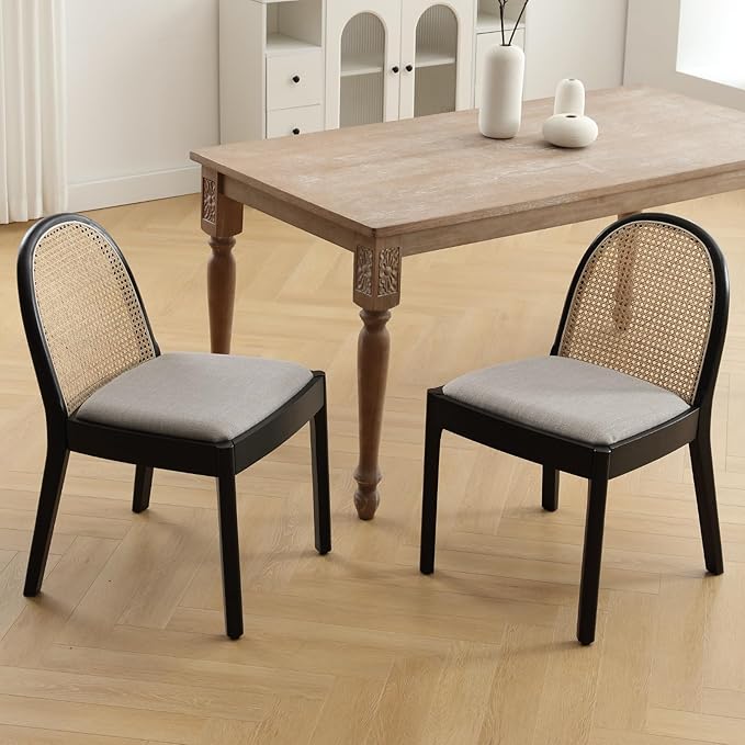 Mid Century Dining Chairs Set of 4, Rattan Side Chairs Linen Fabric Kitchen Chair with Solid Wooden Legs for Living Room Dining Room, Grey