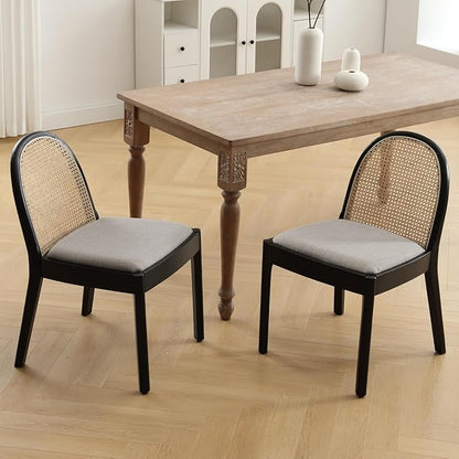 Mid Century Dining Chairs Set of 4, Rattan Side Chairs Linen Fabric Kitchen Chair with Solid Wooden Legs for Living Room Dining Room, Grey