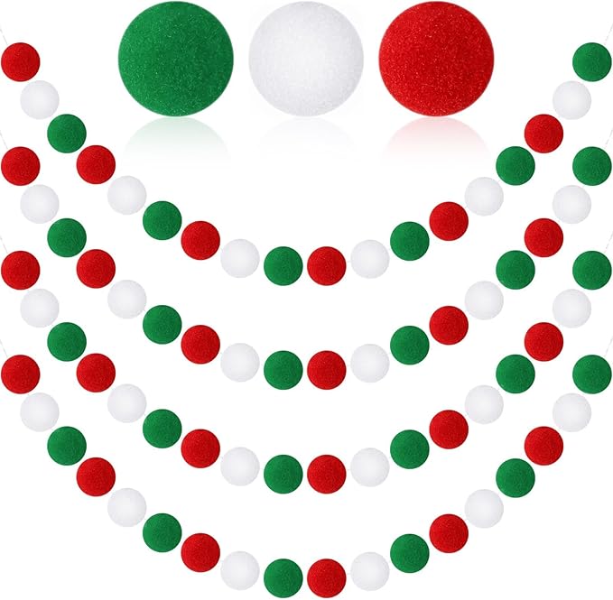 MARFOREVER 4 Pack 26.3 Feet Christmas Pom Pom Garland Ornaments Red White Green 30 Balls Garlands Christmas Felt Garland Hanging Supplies for Xmas School Classroom Fireplace Wall Home Party Decor