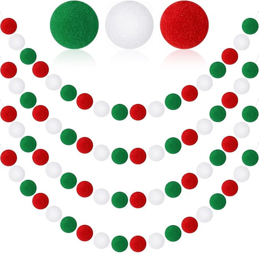 MARFOREVER 4 Pack 26.3 Feet Christmas Pom Pom Garland Ornaments Red White Green 30 Balls Garlands Christmas Felt Garland Hanging Supplies for Xmas School Classroom Fireplace Wall Home Party Decor