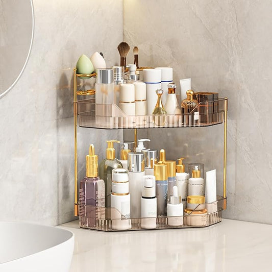 Corner Bathroom Counter Organizer with Makeup Brush Holder & Toothbrush Holders, Makeup Organizer for Vanity Countertop, Acrylic Skincare Storage Shelf (Amber, 2-Tier)