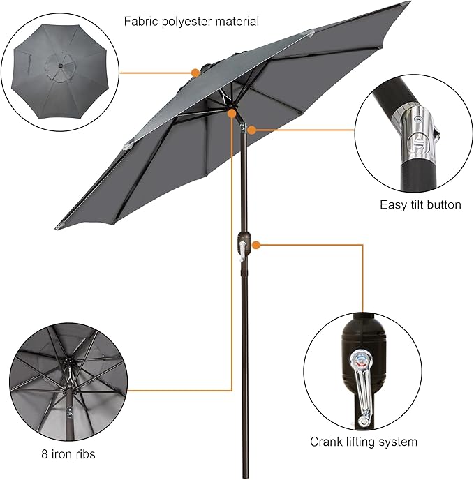 Blissun 9' Outdoor Patio Umbrella, Outdoor Table Umbrella, Yard Umbrella, Market Umbrella with 8 Sturdy Ribs, Push Button Tilt and Crank