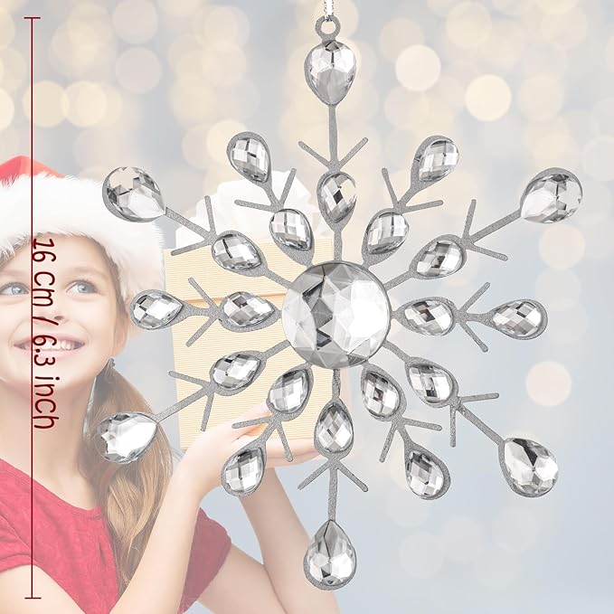 Reinstone 4pcs Silver Sparkling Snowflake Christmas Ornaments - Large Hanging Snowflake Ornaments for Christmas Tree Winter Supplies