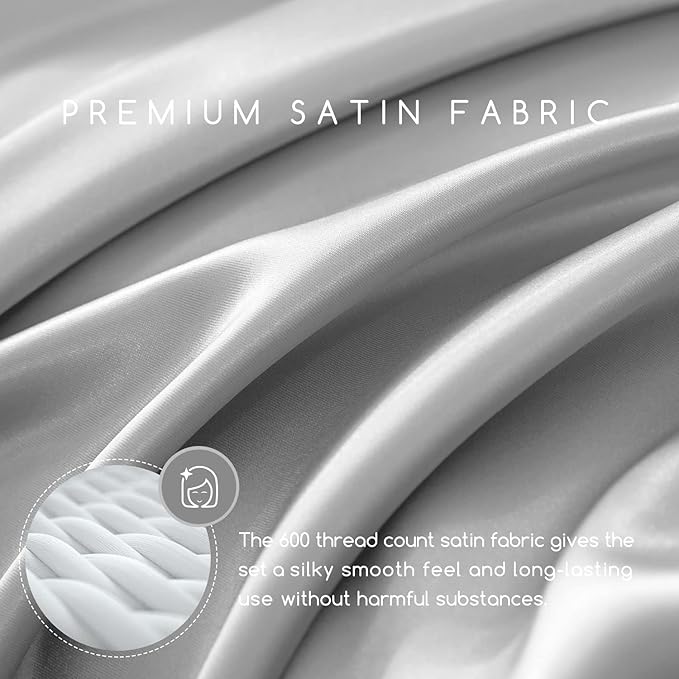 MR&HM Satin Bed Sheets, Queen Size Sheets Set, 6 Pcs Silky Bedding Set with 15 Inches Deep Pocket for Mattress (Queen, Silver Grey)