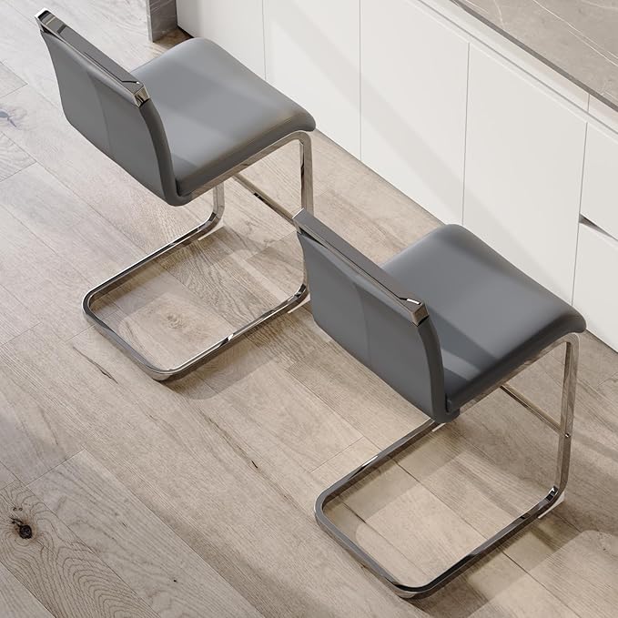 Bar Stools Set of 2,25" Counter Height Bar Stools with Footrest,Grey Faux Leather Kitchen Stools with Chrome Plated Metal Leg,Counter Height Stools Ideal for Island Pub Kitchen Counter Dining Chair
