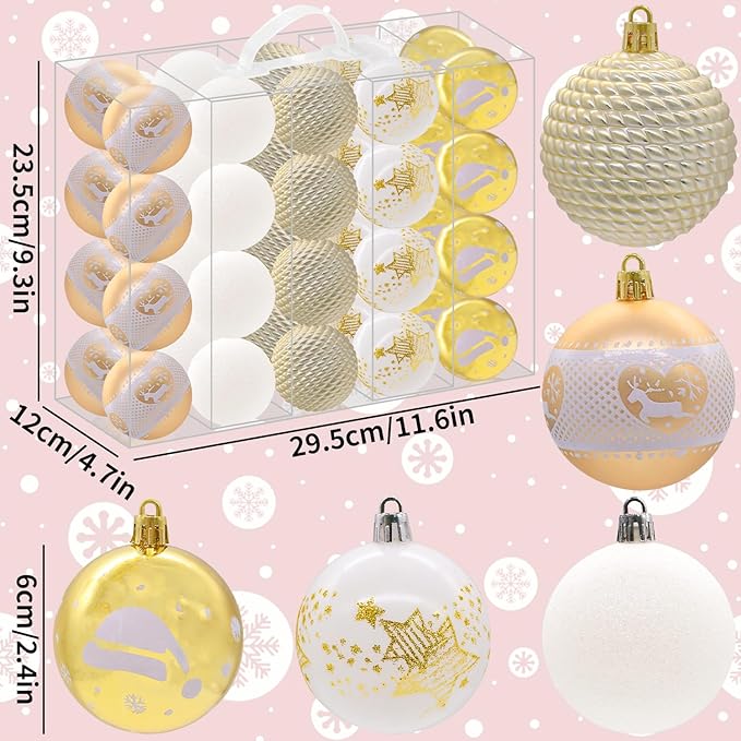 40PCS 2.36" Christmas Balls Ornaments, Plastic Christmas Tree Ornaments, Holiday Baubles, Hanging Decorations for Xmas Trees Holiday Party, Gold White Baubles