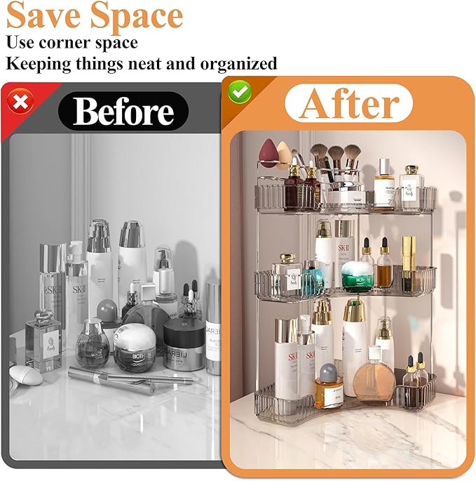 SUNZOS Modern 3-Tier Bathroom Organizer, Corner Makeup Storage with Brush Holder, Acrylic Vanity Organizer, Large Capacity Countertop Organizer for Kitchen, Dresser, Gray