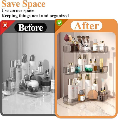 SUNZOS Modern 3-Tier Bathroom Organizer, Corner Makeup Storage with Brush Holder, Acrylic Vanity Organizer, Large Capacity Countertop Organizer for Kitchen, Dresser, Gray