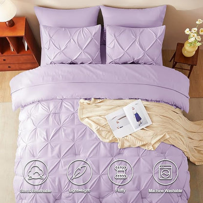CozyLux Queen Comforter Set Lavender, 7 Pieces Pintuck Bed in A Bag, Premium Light Purple Comforter Queen Size, Pinch Pleat Bedding Sets with Comforter, Sheets, Pillowcases & Shams