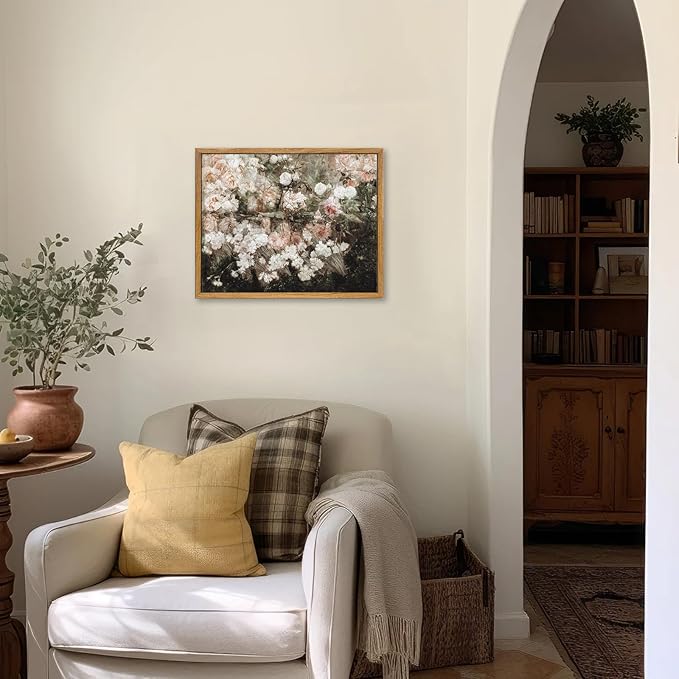KBKBART Framed Canvas Wall Art for Living Room Bedroom Decor,Vintage Moody Floral Art Print Flower Rose Garden Canvas Painting, Rustic Bathroom Decor Wall Art, Classical Vintage Wall Art(9"x11")