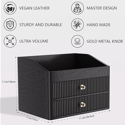 Desk Accessories,Black Vegan Leather Desk Organizers with 1 Draw Remote Control Holder with Gold-Tone Metal Accents Knob, Bedroom