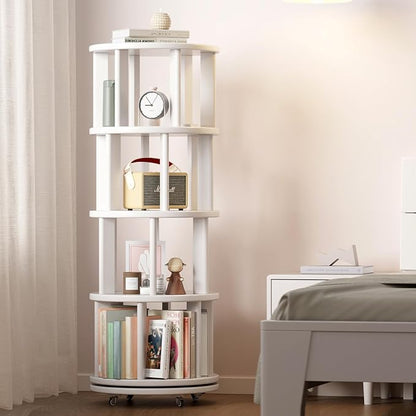 Solid Wood Rotating Bookshelf on Wheels, 4 Tier, Round Revolving Bookcase, 360° Spinning Book Shelf Tower for Kids, Narrow Rolling Bookshelves for Small Space, Corner, Bedroom, Office, White