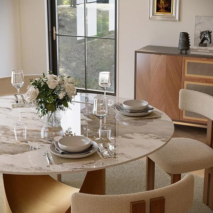 POVISON Round Glossy Pandora Dining Table for 4, 51" Sintered Stone Tabletop Dining Table with Bronze Carbon Steel Pedestal (Table Only)