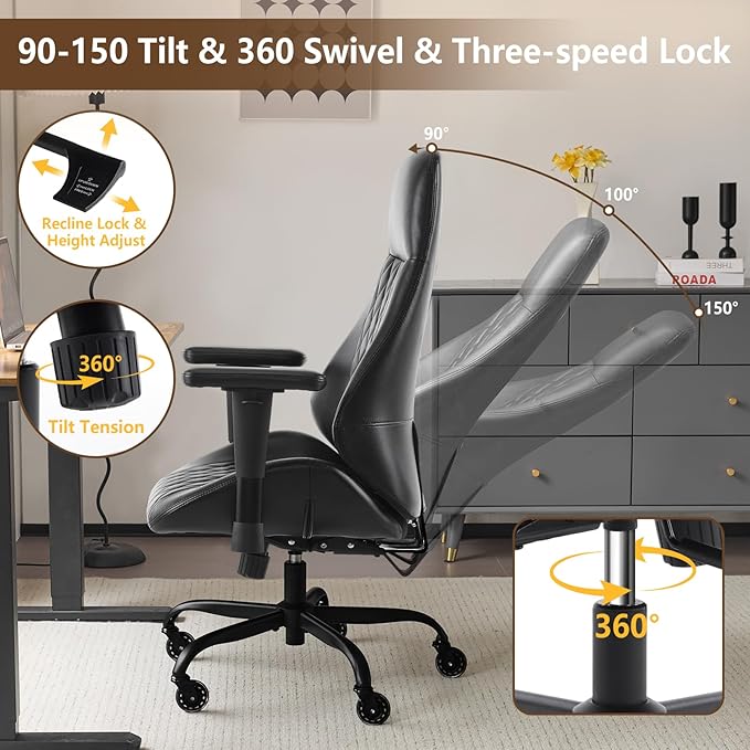 YFO Home Office Chair High Back Office Rubber Chair Casters Ergonomic Computer Chair with Lumbar Support Adjustable Height Rolling Swivel Chair Executive Task Armrests, Black PU