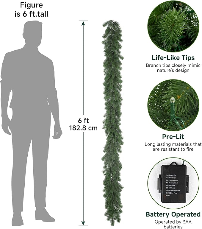 2 guirnaldas de Navidad preiluminadas de 6 pies Christmas guirnalda de pino Norfolk artificial iluminada con luces multicolor, guirnalda a pilas para manto, escaleras, mesa, chimenea, decoración de Navidad al