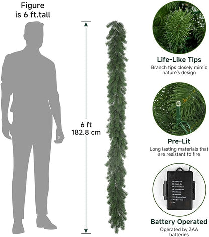 Guirnalda de Navidad preiluminada de 6 pies Christmas guirnalda de pino Norfolk artificial iluminada con luces multicolor, guirnalda a pilas para manto, escaleras, mesa, chimenea, decoración de Navidad al aire