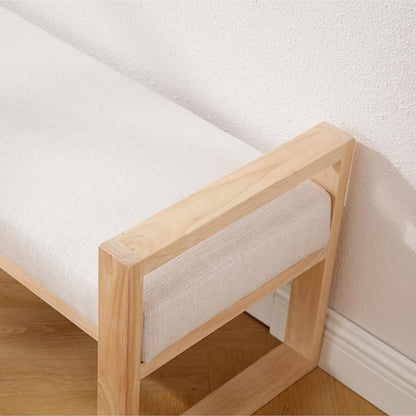 Kmax Entryway Bench, Wooden Bench for Bedroom End of Bed with Hollow Arms Farmhouse Upholstered Bench Rustic Window Bench for Entry Way Bedroom Living Room - Linen, Beige