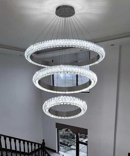 31.5" 3 Ring Crystal Chandelier Modern LED Dimmable Ring Pendant Light Round Chandelier for Dining Room Living Room Black