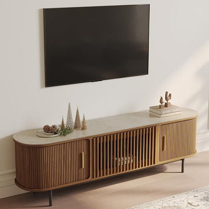 POVISON Sliding Tambour Door TV Stand, Mid Century Modern Sintered Stone TV Console, Wood Media Console for 70 Inch TV, Entertainment Center with Storage Cabinet, Fully-Assembled (Walnut, 70.87")