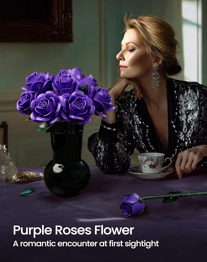 iATOM Purple Rose Bouquet Building Set, Compatible with Lego Flowers for Adults Women, Botanical Collection Gift for Halloween & Valentines Day - Artificial Plant Gothic Home Decor - IA11017