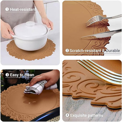 Noctiflorous Round Faux Leather 15 Inch Placemats Set of 4 Waterproof Wipeable Heat Resistant Tablemat for Dining Table Kitchen Non Slip Washable Oilproof Table Place Mat(Umber Brown, 4)