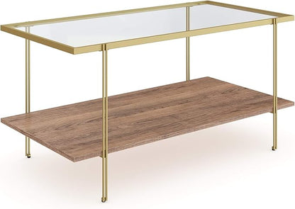 Nathan James Asher Mid-Century Rectangle Coffee Table Glass Top and Rustic Oak Storage Shelf with Sleek Brass Metal Legs, Gold