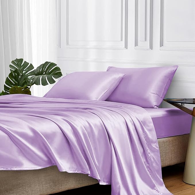 MR&HM Satin Bed Sheets with Elastic Corner Straps, King Size Sheets Set, 4 Pcs Silky Bedding Set with 15 Inches Deep Pocket for Mattress (King, Lilac)