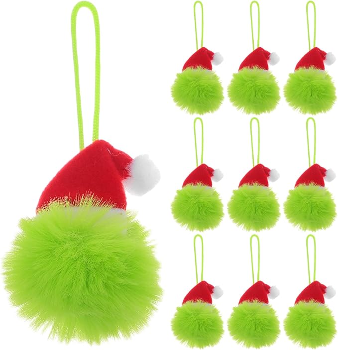 TOYANDONA 10PCS Faux Fur Pom Pom Ball - Furry Christmas Ball Ornaments with Santa Hat Tree Christmas Hanging Decorations for Party Supply Fireplace Mantel Wall Decor