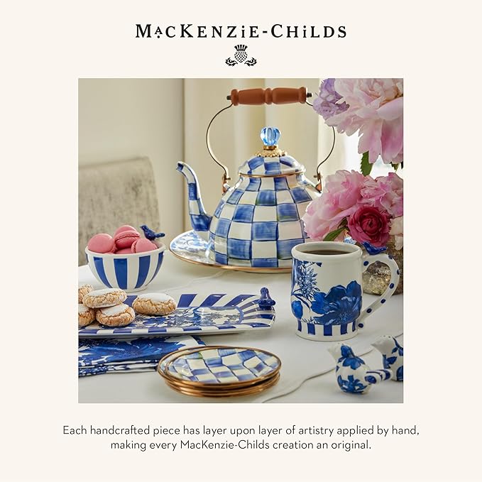 MACKENZIE-CHILDS Enamel Mug, Cute Enamelware Coffee and Tea Mug, Unique Drinkware, 16 Ounces, Blue-and-White Royal Check, Set of 4