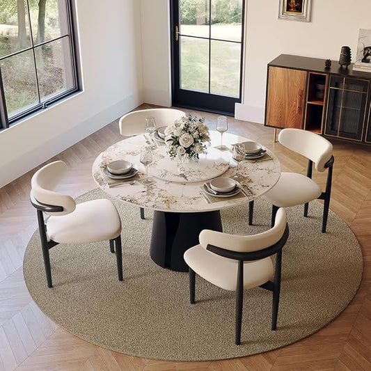 POVISON Round Dining Table for 4, 47" Modern Dining Table with 23" Lazy Susan, Pandora Sintered Stone Dining Tabletop with Black Carbon Steel Pedestal(Dining Table Only)