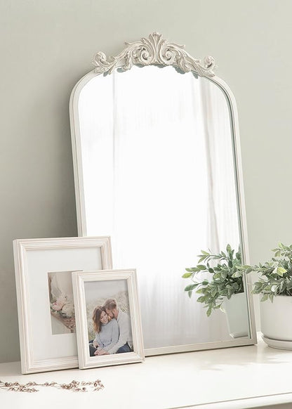 Kate and Laurel Arendahl Traditional Arch Wall Mirror; 19 x 31; Antique White; Vintage Glam Baroque-Inspired Arched Bathroom Vanity Mirror with Ornate Crown