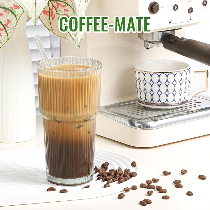 20 oz Glass Cups and Straw 4 Set, Glass Tumbler with Straw, Vintage Glassware for Whiskey Cocktail Beer, Iced Coffee Cups (4 PACK)