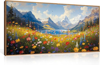 HOURIA Colorful Wildflower Mountain Framed Canvas Wall Art Set,Blue Sky Lake Green Tree Grass Wall Decor,Nature Flower Artwork,Field Scenery Art Prints for Living Room,Bedroom,Farmhouse- 20"×40"×1