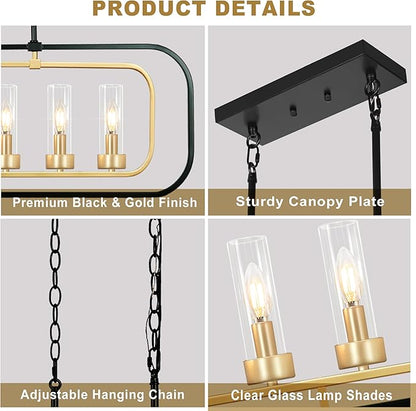 Dining Room Chandelier, 36" Modern Farmhouse Chandelier Black and Gold Dining Room Light Fixture 6-Light Kitchen Island Lights Horizontal Linear Pendant Light Fixtures with Clear Glass Shade