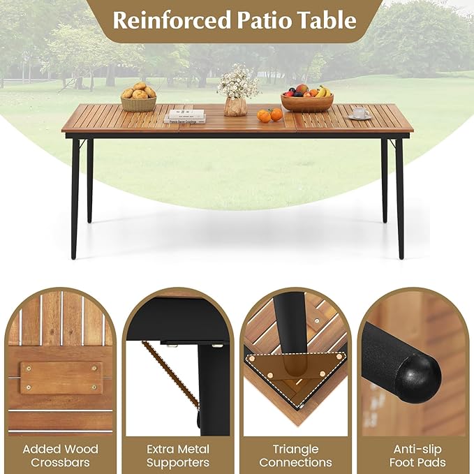 Tangkula Outdoor Dining Table for 8, 79 Inch Acacia Wood Patio Table with 1.9” Umbrella Hole, Metal Frame & Anti Slip Foot Pads, Indoor Bistro Table for Poolside, Garden & Deck