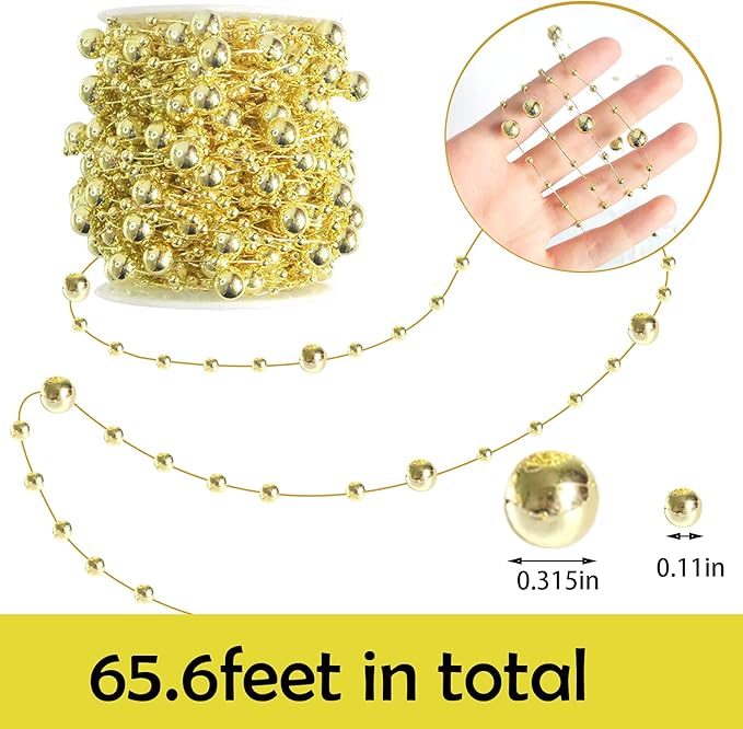 Christmas Tree Beads Garland,66 Feet Gold Pearl Strands Chain Sparkle for Christmas Tree Decoration and Crafts