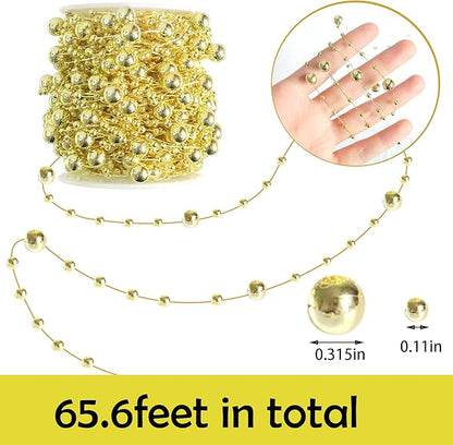 Christmas Tree Beads Garland,66 Feet Gold Pearl Strands Chain Sparkle for Christmas Tree Decoration and Crafts