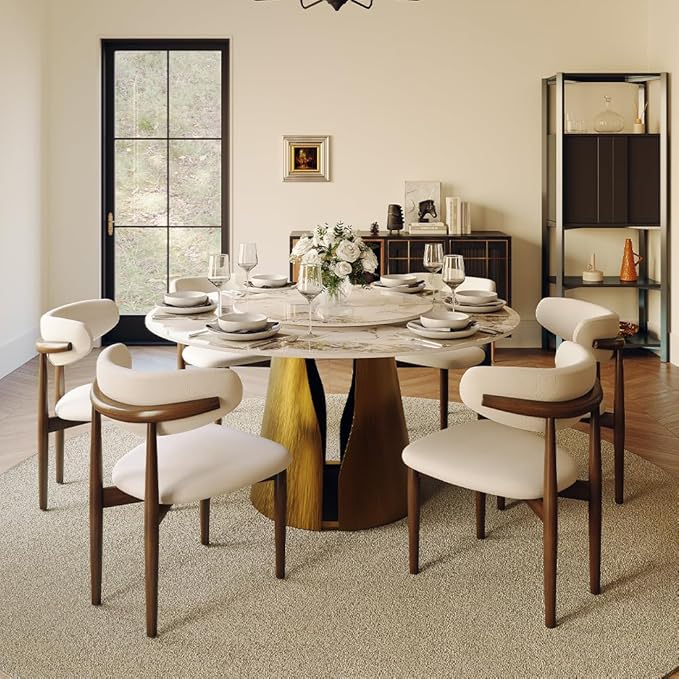 POVISON 59" Round Dining Table for 6, Modern Glossy Sintered Stone Dining Room Table Built in Lazy Susan for Kitchen,Glossy Dining Tabletop with Bronze Carbon Steel Pedestal(Table Only)