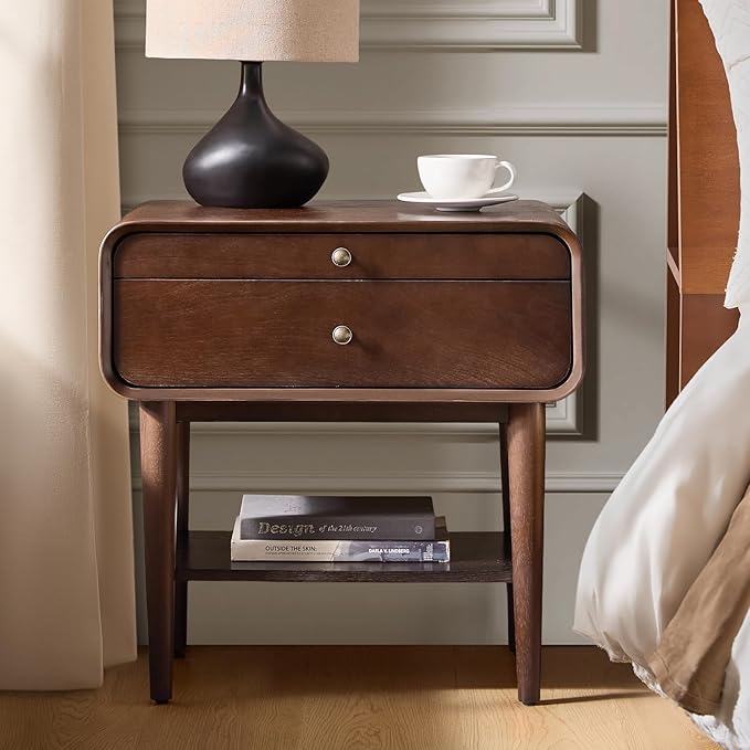 HULALA HOME Nightstand with Pull-Out Shelf, Mid Century Modern End Table with Storage Drawer, Charging Station, Solid Wood Legs, Walnut